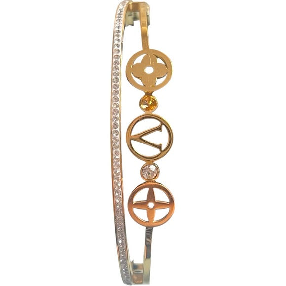 Gold Plated Clover Leaf Zircon Bangle Bracelet - Picture 1 of 12